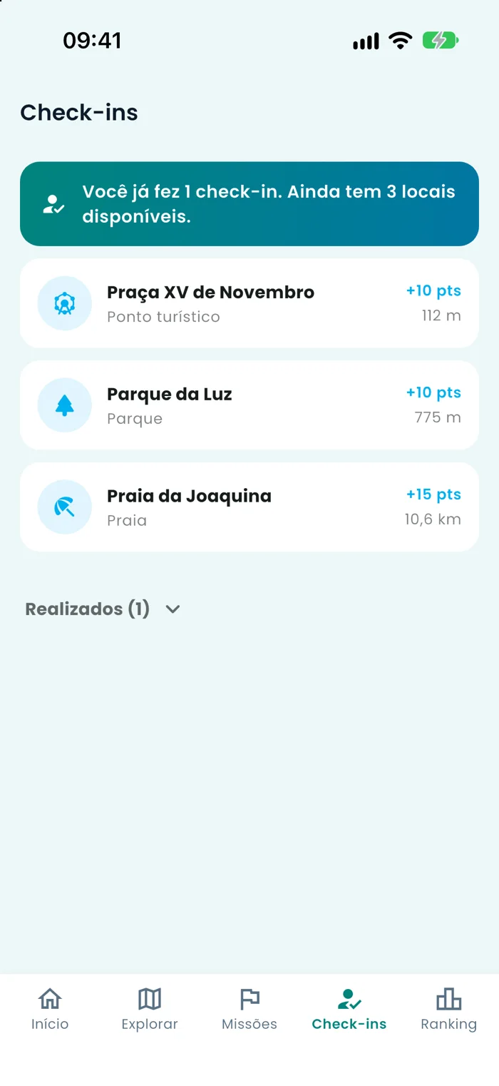 Lista de locais de check-in em Florianópolis, como Praça XV de Novembro e Parque da Luz