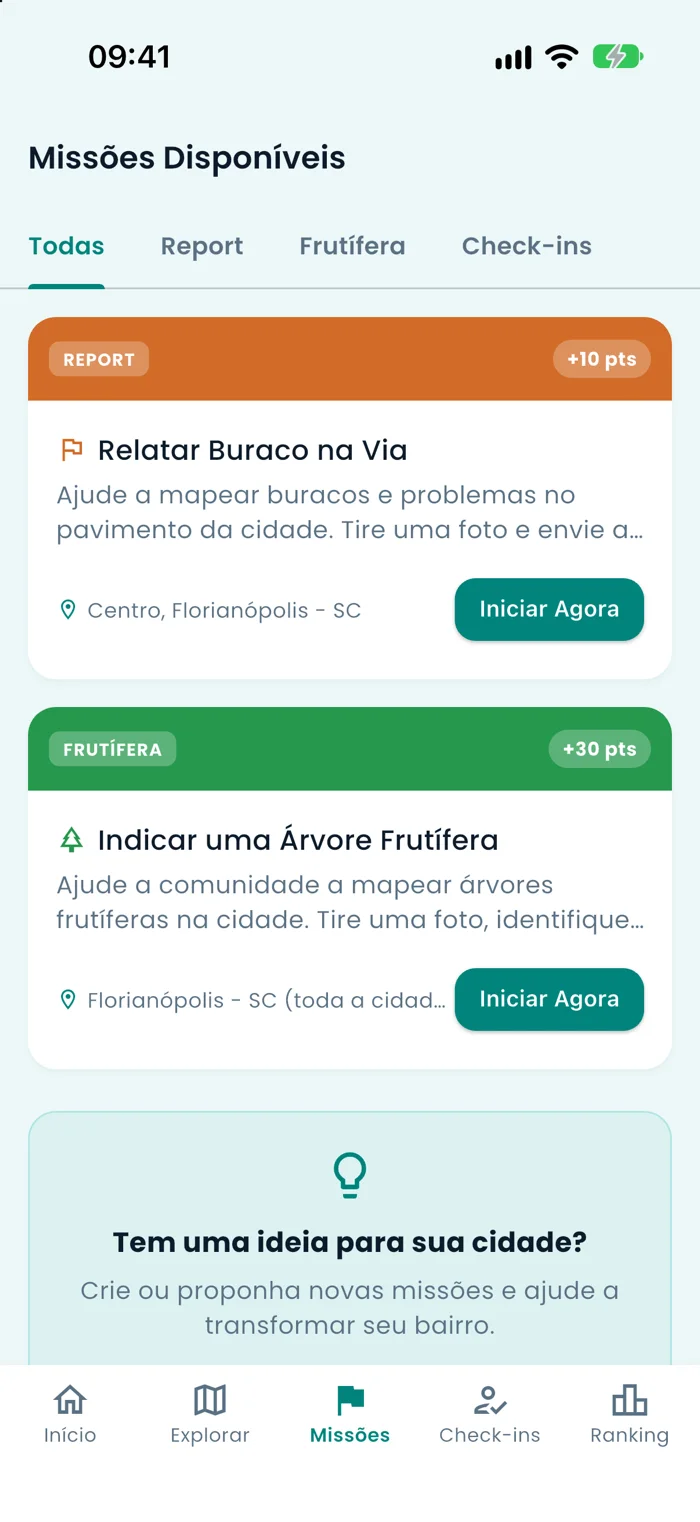 Tela de missões disponíveis do FloripaMais